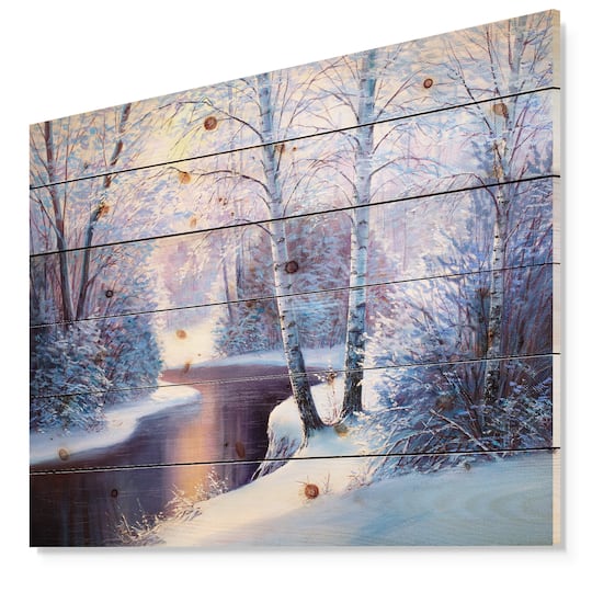 Designart - Winter Forest in River Sunset - Landscapes Painting Print on Natural Pine Wood